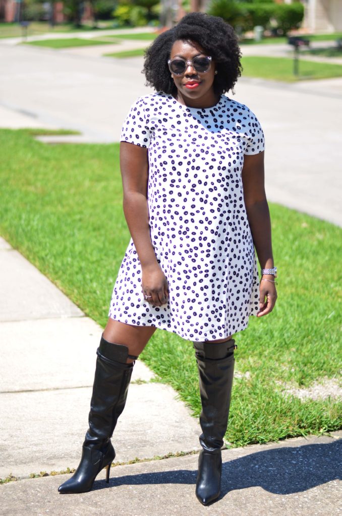 White and black polka dotted dress