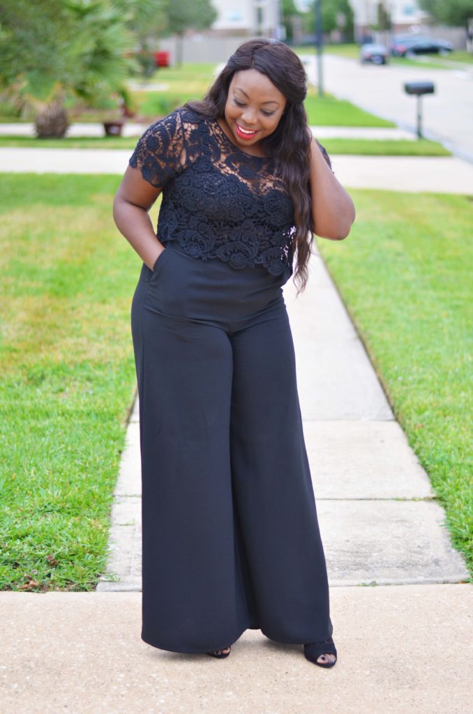 Lace top black wide leg pants neutral