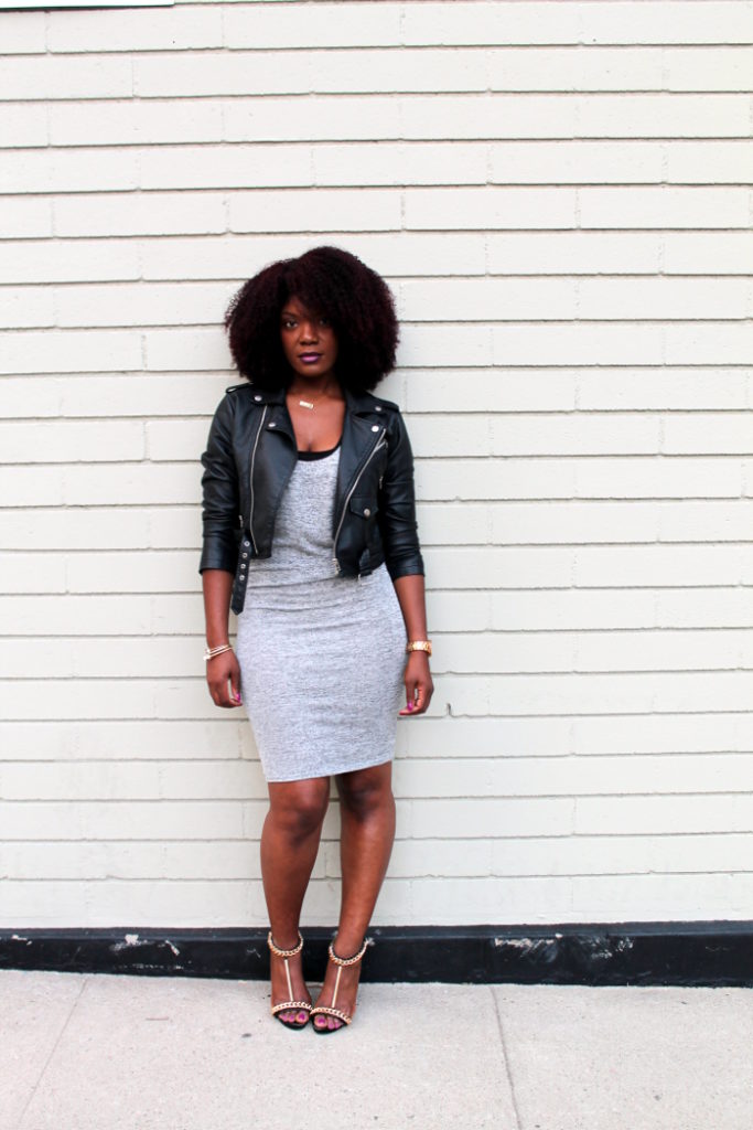 Leather jacket grey dress